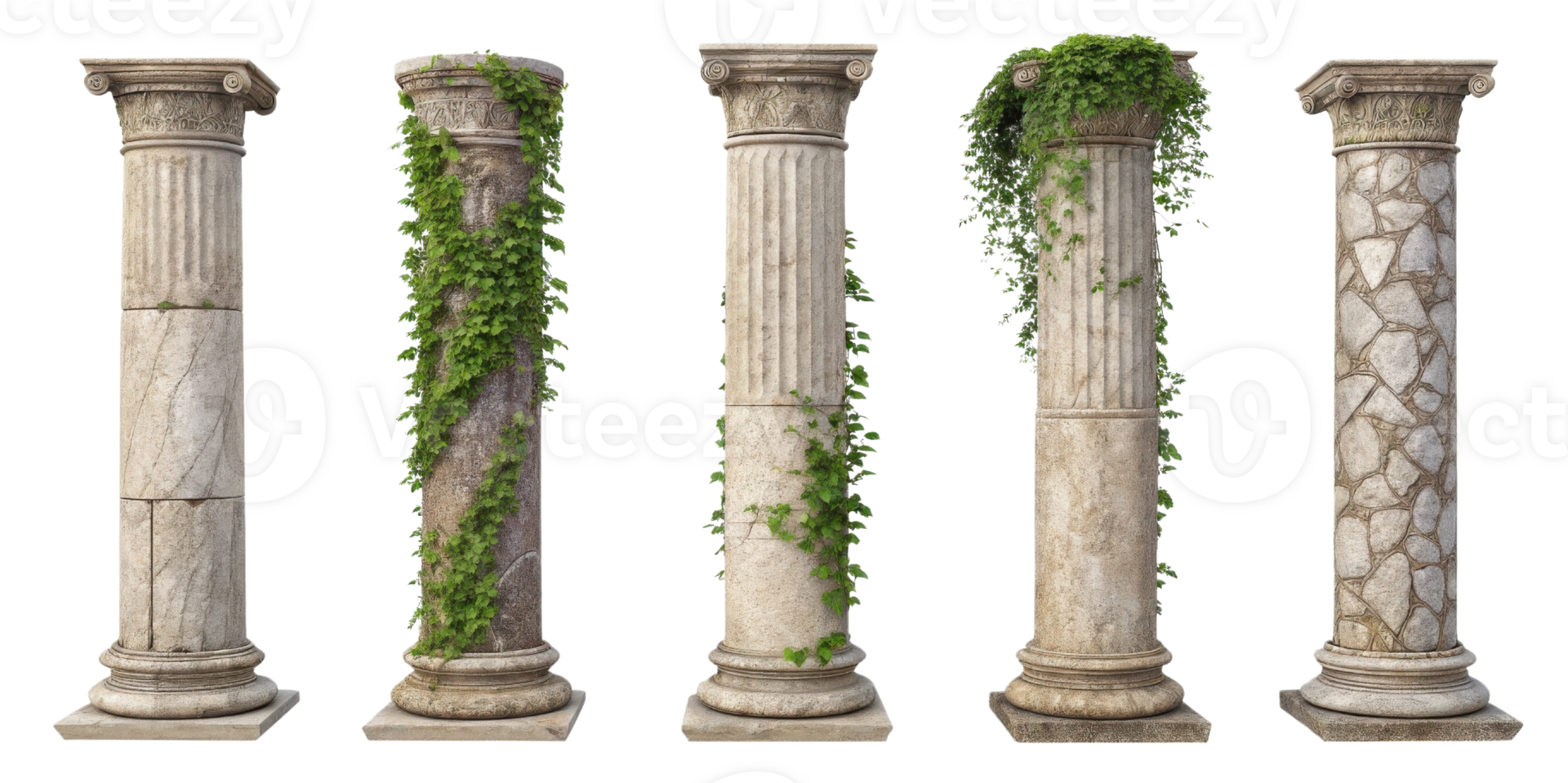 Ancient pillars adorned with lush greenery showcase timeless beauty and elegance, perfect for enhancing any architectural design png