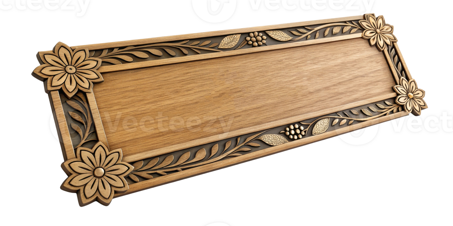 beautifully crafted wooden plaque featuring intricate floral carvings and smooth surface, perfect for decoration or signage png