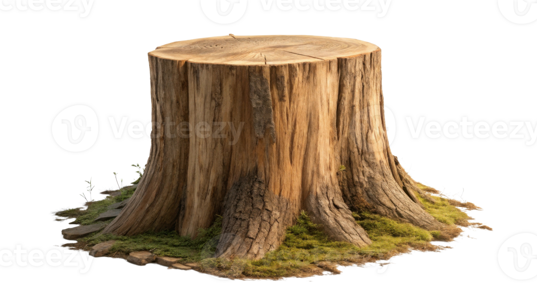 large tree stump surrounded by green moss and small plants, showcasing natural textures and earthy tones png