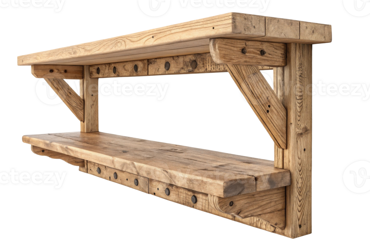 Rustic wooden shelf with sturdy brackets, perfect for home decor and storage solutions png