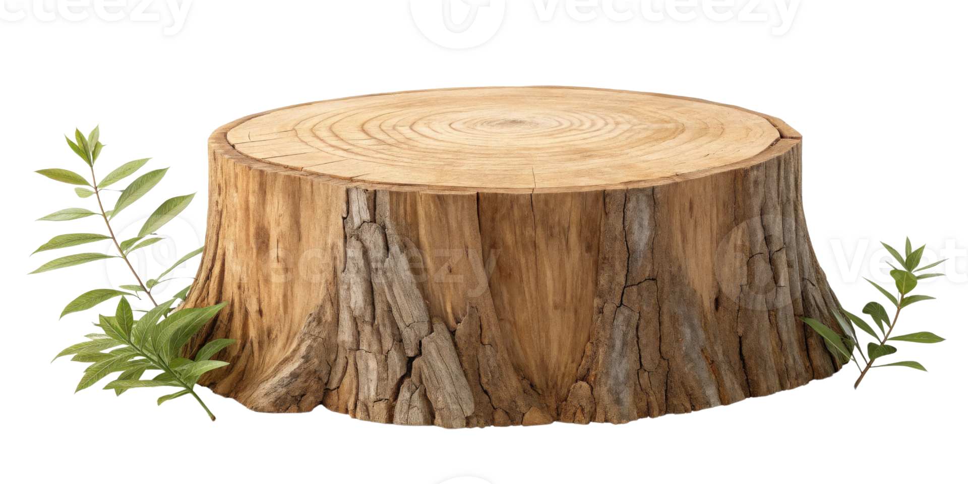wooden tree stump with smooth top and textured bark, surrounded by green leaves, evokes natural and rustic feel png