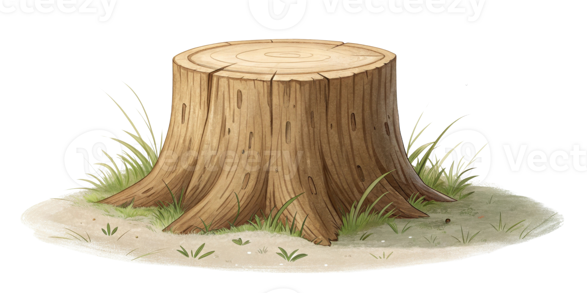 detailed illustration of tree stump surrounded by grass, showcasing natural textures and earthy tones. This evokes sense png