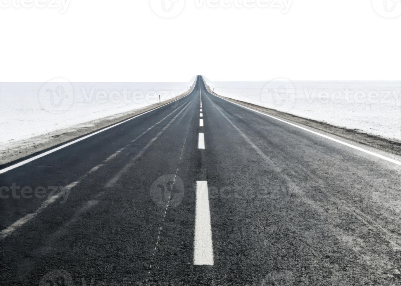 image features long, straight road stretching into distance, surrounded by snowy landscape. scene evokes sense of solitude png