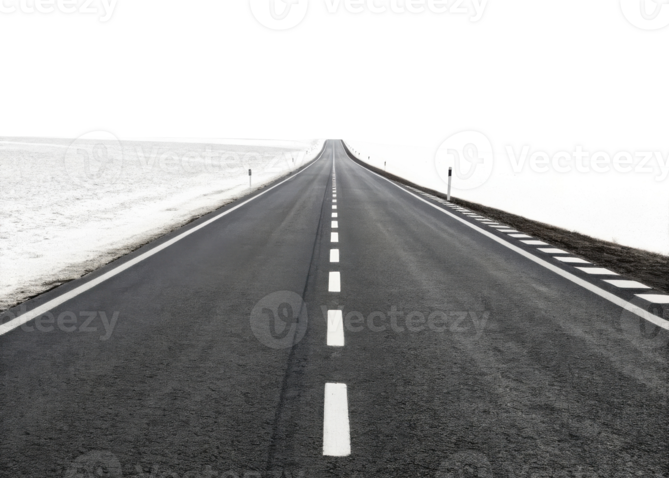 long, empty road stretches into distance, surrounded by snow covered fields, evoking sense of solitude and adventure png