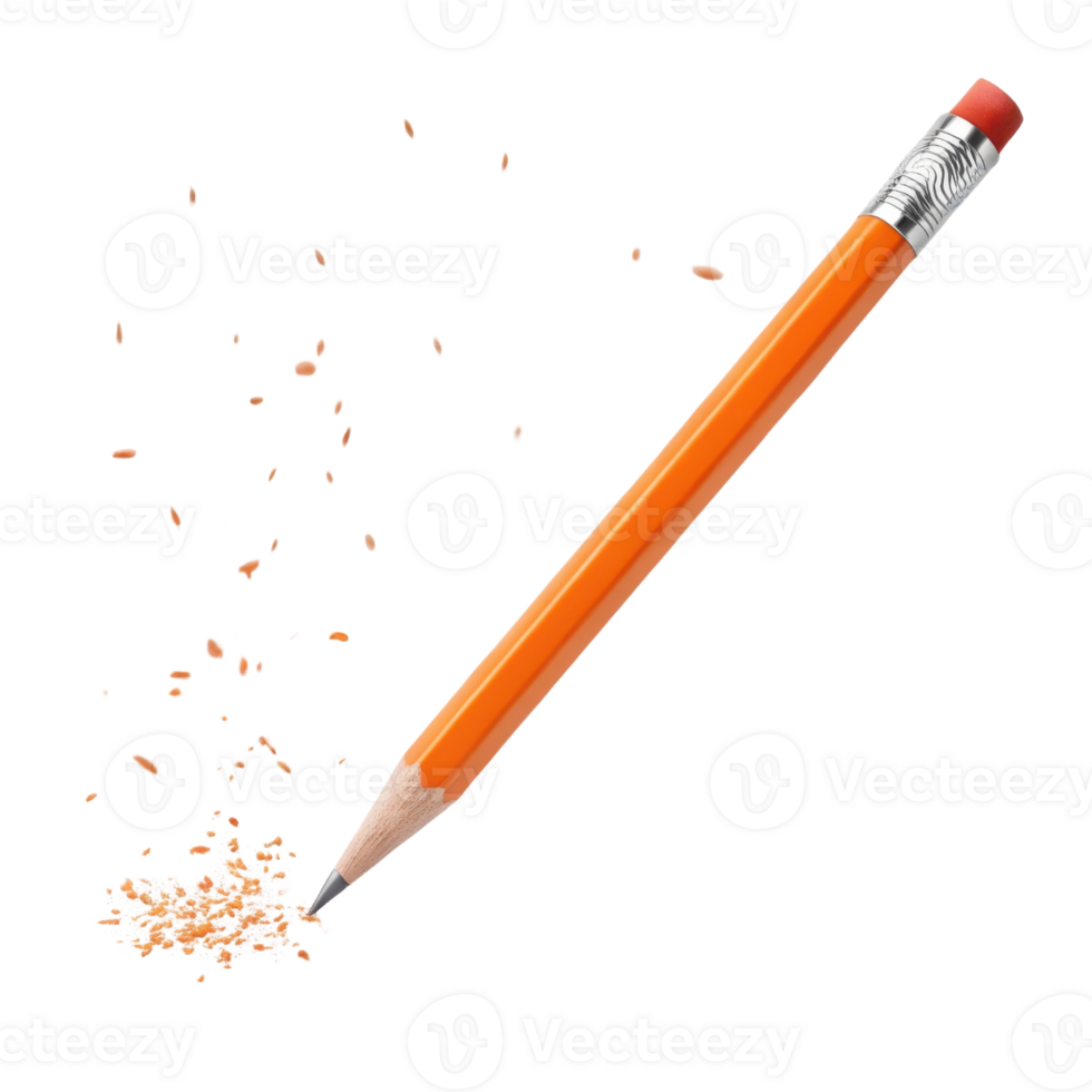vibrant orange pencil with shavings and wood particles flying around, symbolizing creativity and inspiration png