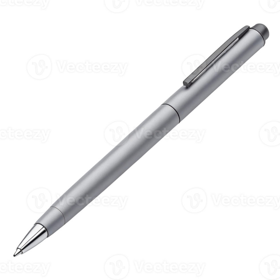sleek silver pen with smooth finish and clip for easy attachment, perfect for writing and note taking png