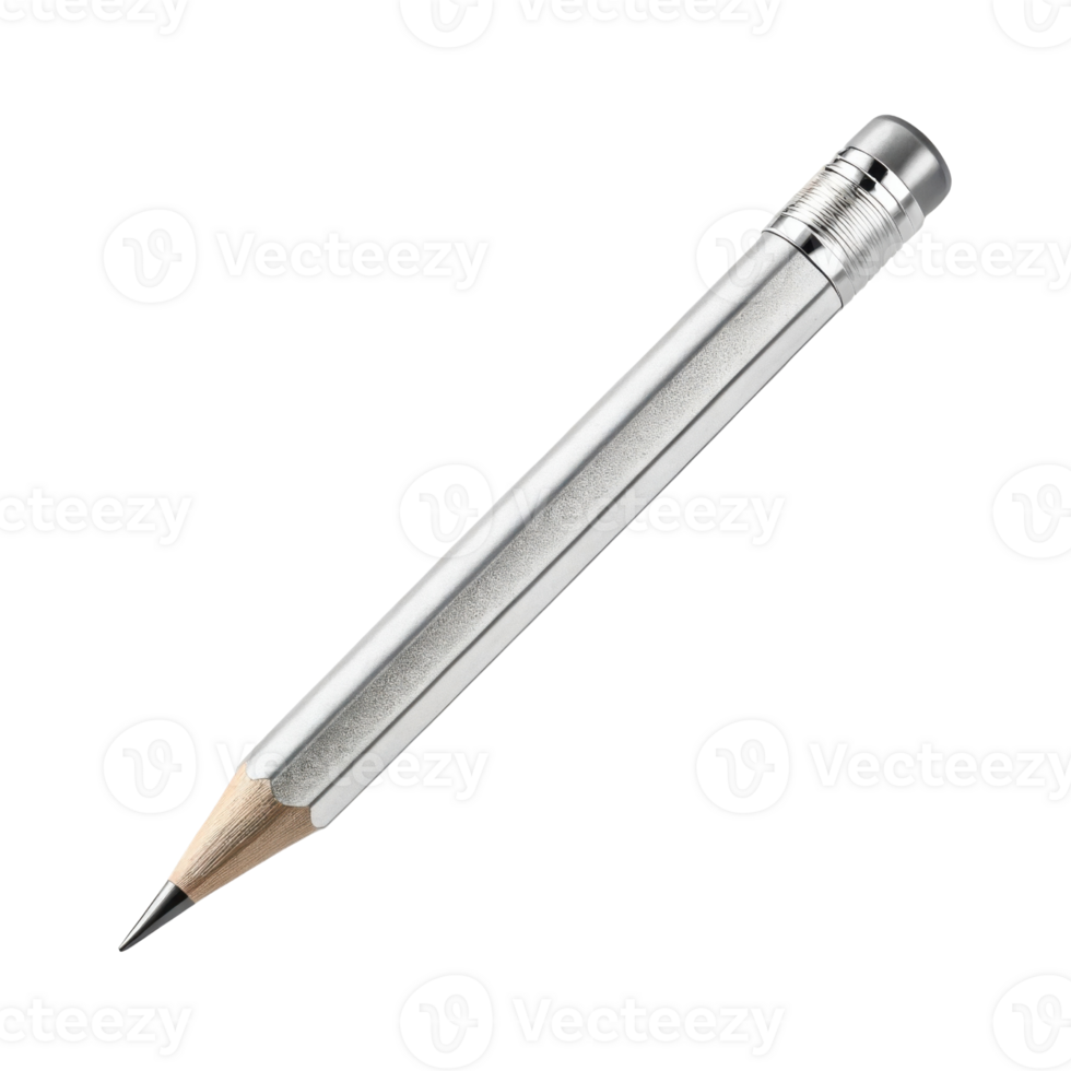 sleek silver pencil with sharpened tip, perfect for writing or drawing, showcasing modern design and metallic finish png