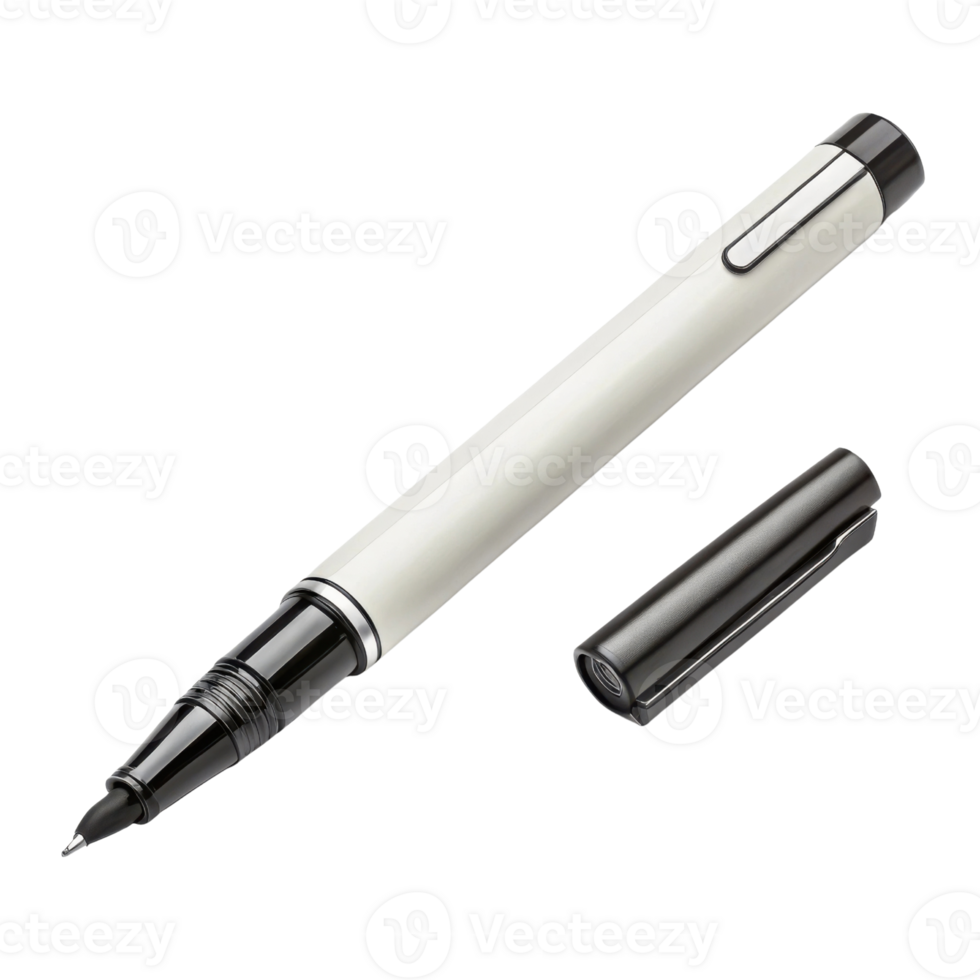 sleek, modern white pen with black cap and tip, perfect for writing or drawing. Its elegant design adds touch of sophistication to any workspace png
