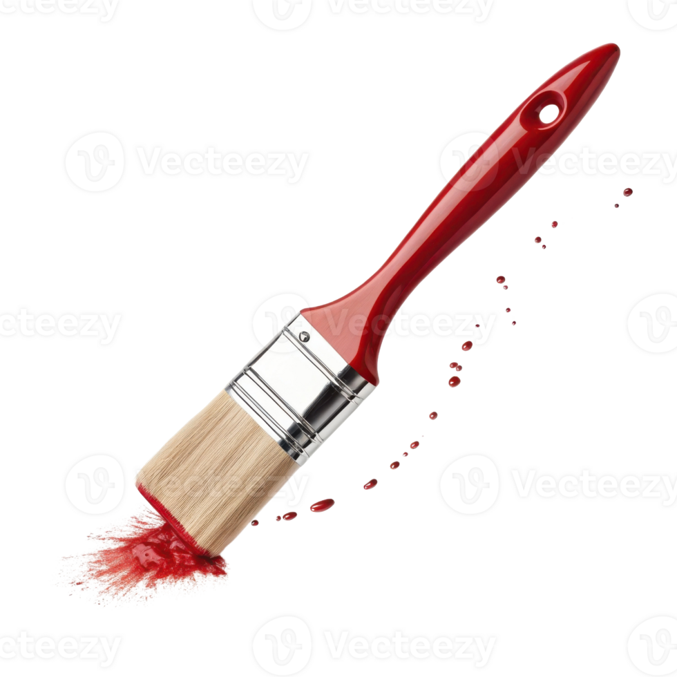 red paintbrush with bristles covered in red paint, creating splash effect, evokes creativity and artistic expression png