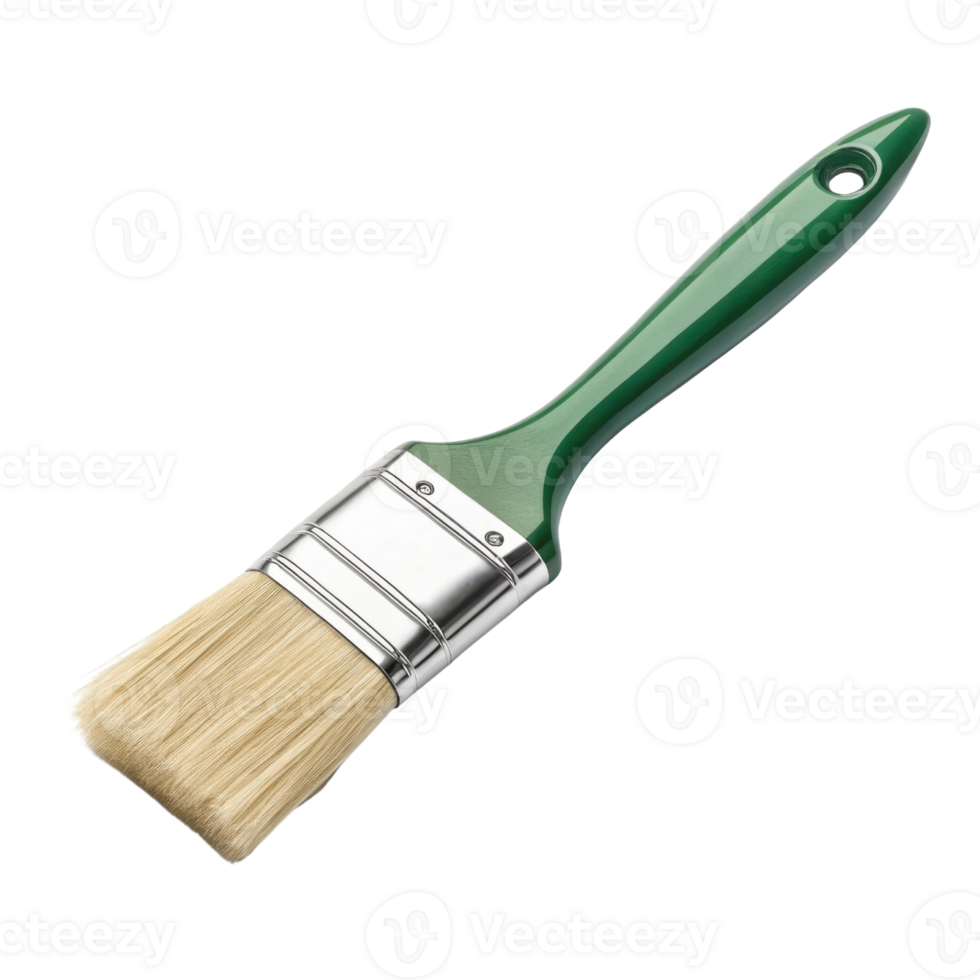 green handled paintbrush with natural bristles, perfect for painting and DIY projects, showcasing its sleek design and functionality png