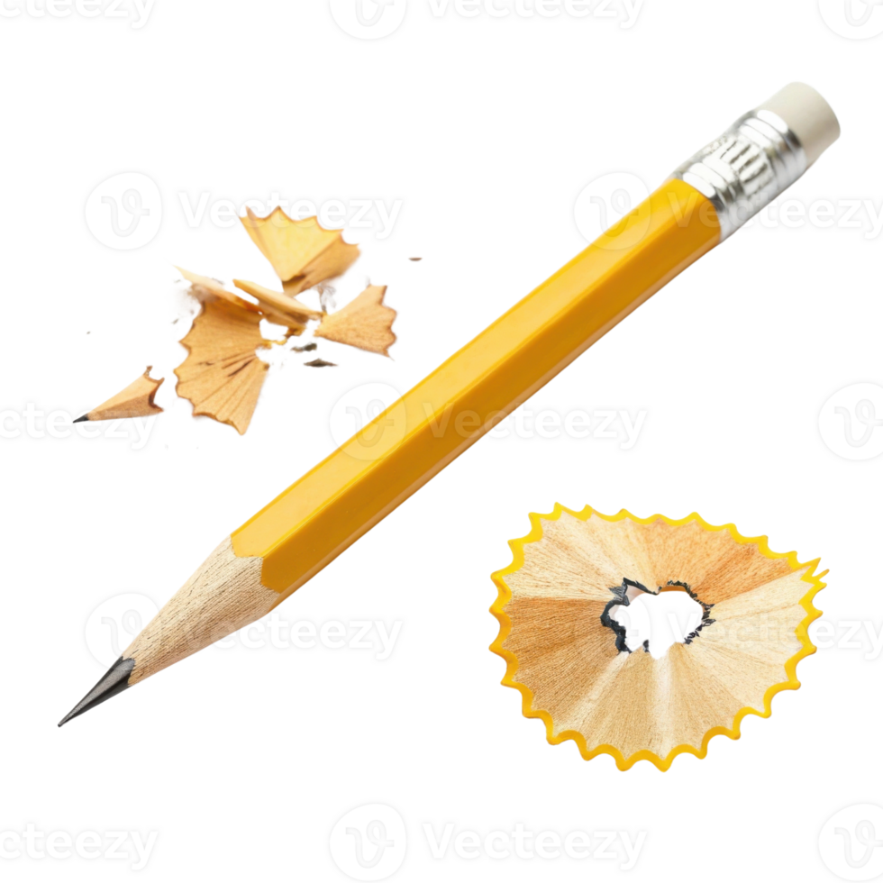 yellow pencil with sharpened tip and wood shavings scattered around, evoking sense of creativity and inspiration png