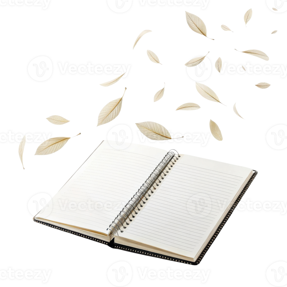 open notebook with blank pages surrounded by falling leaves, creating serene and creative atmosphere png