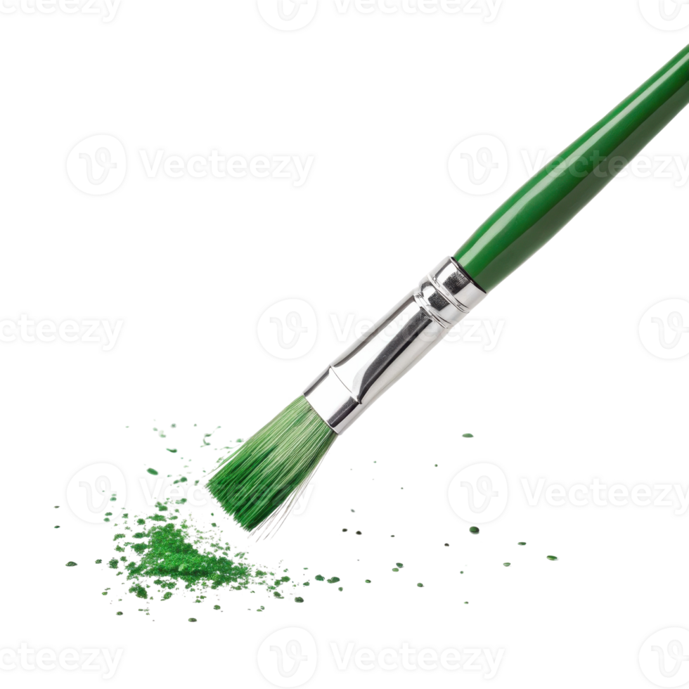 green paintbrush with bristles covered in green powder creates vibrant artistic scene, showcasing creativity and color png