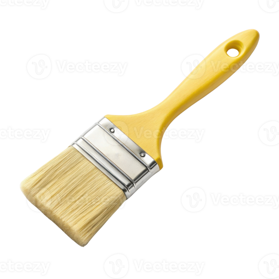 yellow paintbrush with flat bristle head and metal ferrule, perfect for painting and crafting projects png