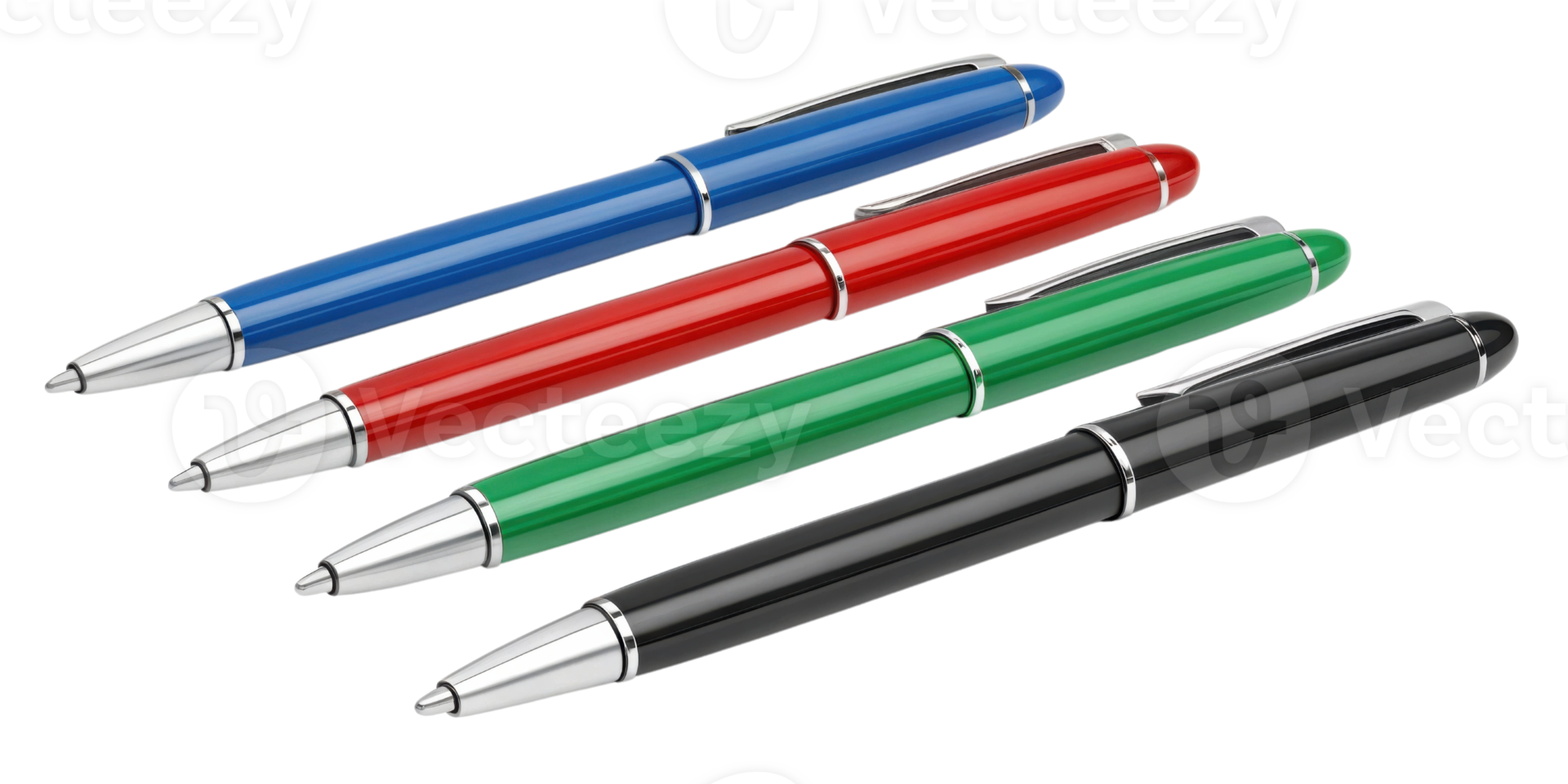 Colorful ballpoint pens in blue, red, green, and black arranged neatly, showcasing their sleek design and shiny finishes, perfect for writing png