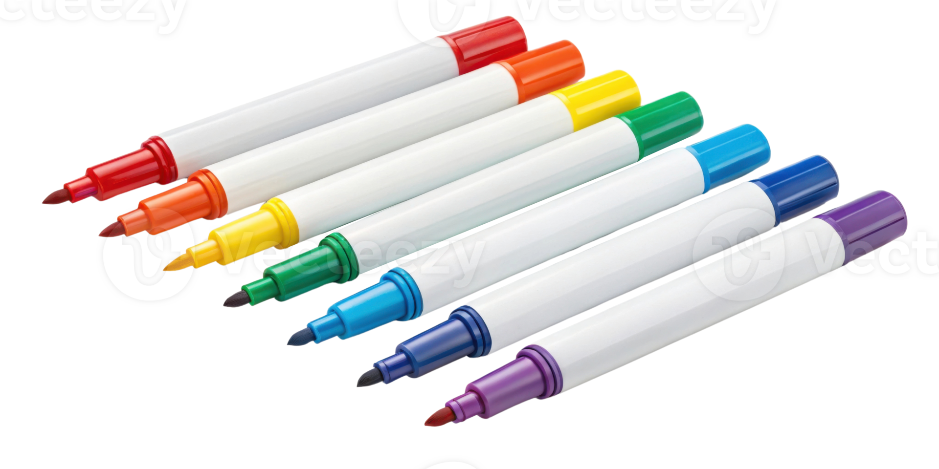 Colorful markers arranged in row showcasing vibrant hues of red orange yellow green blue and purple perfect for creative projects png