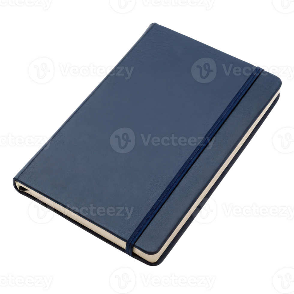 blue leather notebook with elastic band, perfect for writing notes and ideas. It has sleek design and is ideal for students and professionals png