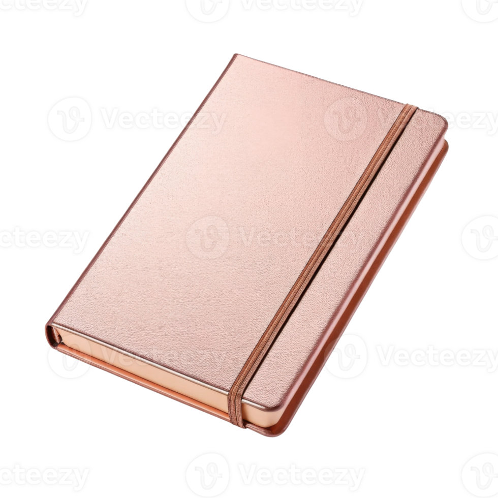 stylish rose gold notebook with sleek cover and elastic band, perfect for journaling or note taking png