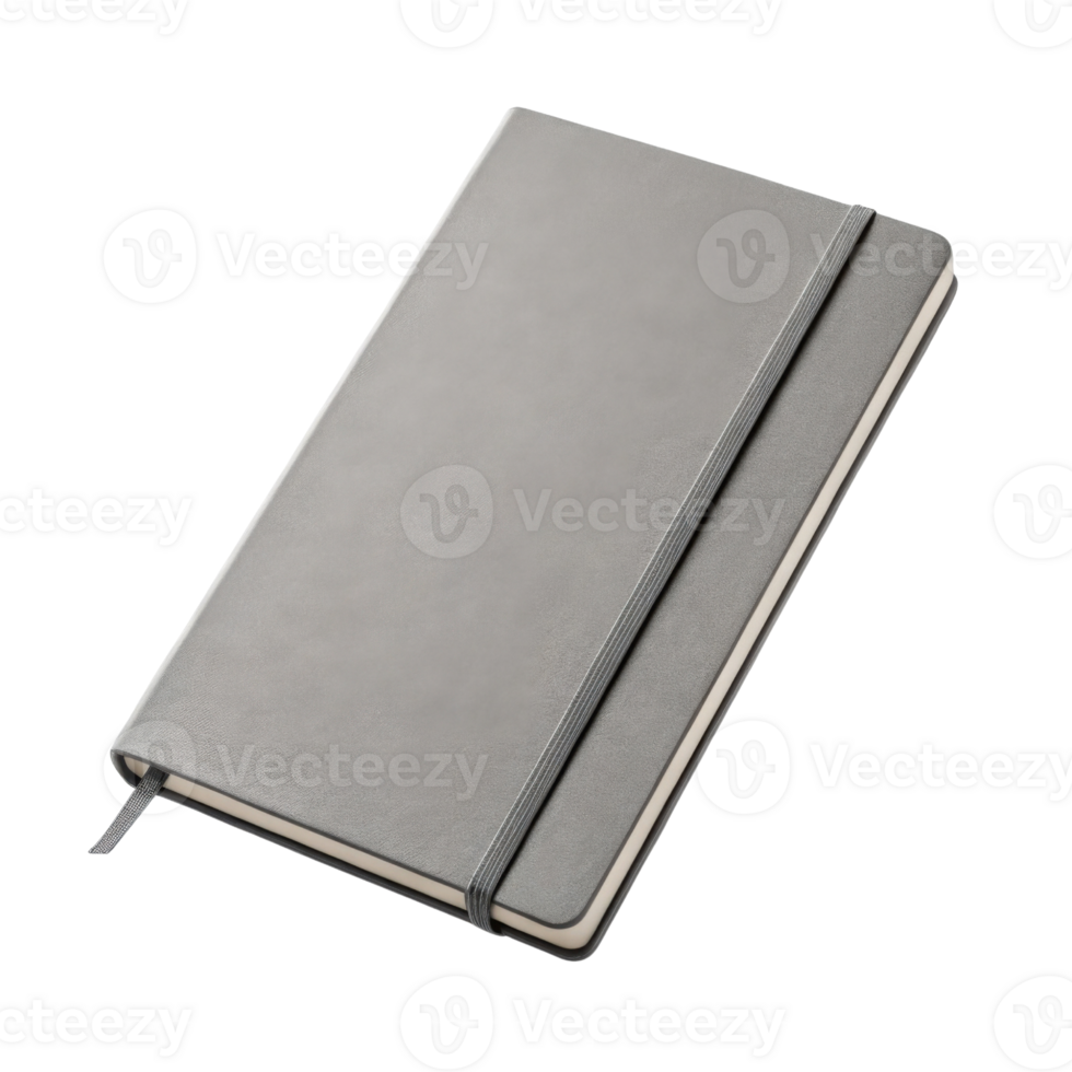 sleek gray notebook with soft cover and elastic band, perfect for writing and note taking. Ideal for students and professionals alike png