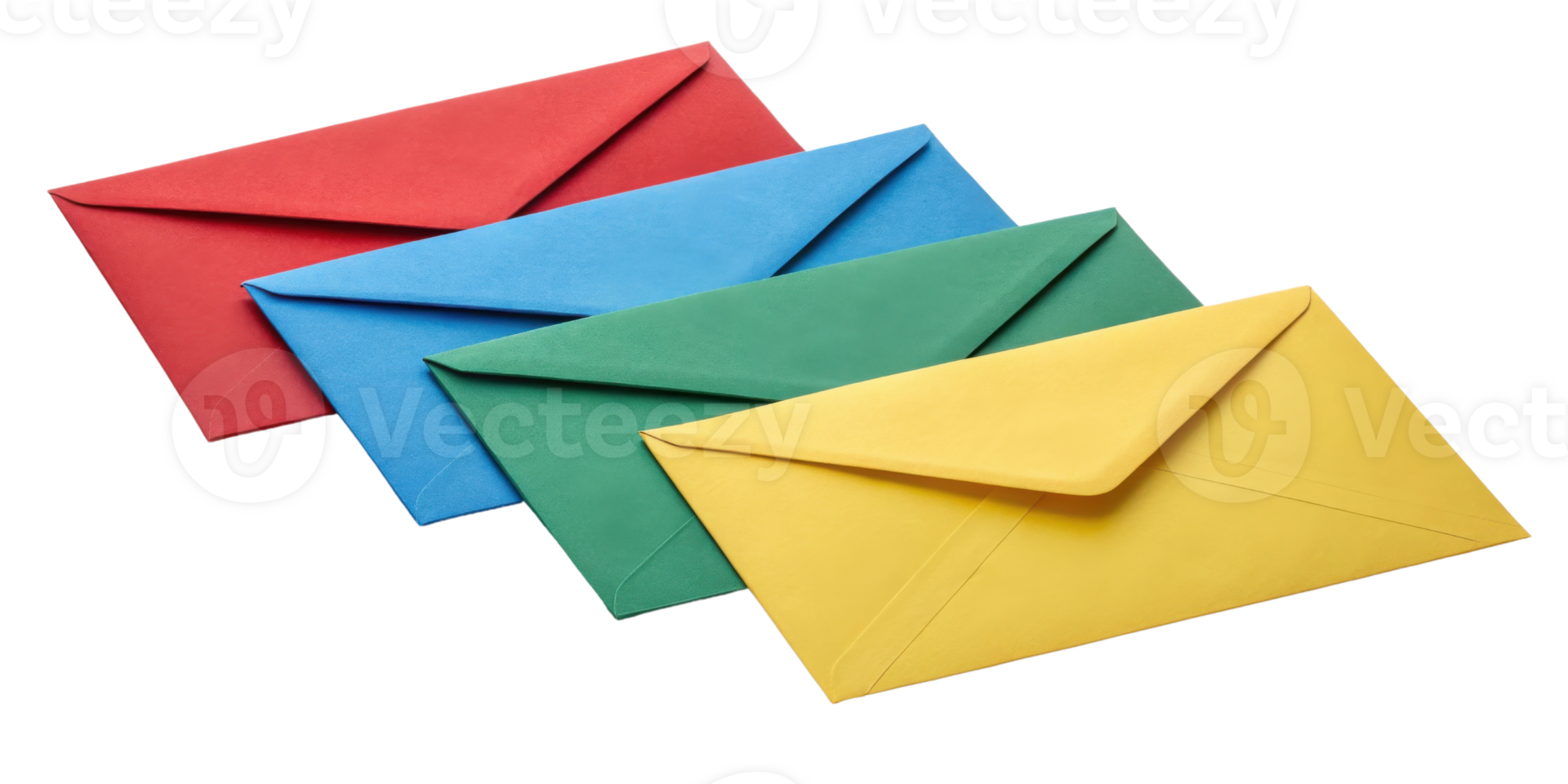 Colorful envelopes arranged in row, showcasing red, blue, green, and yellow hues, perfect for sending letters or invitations png