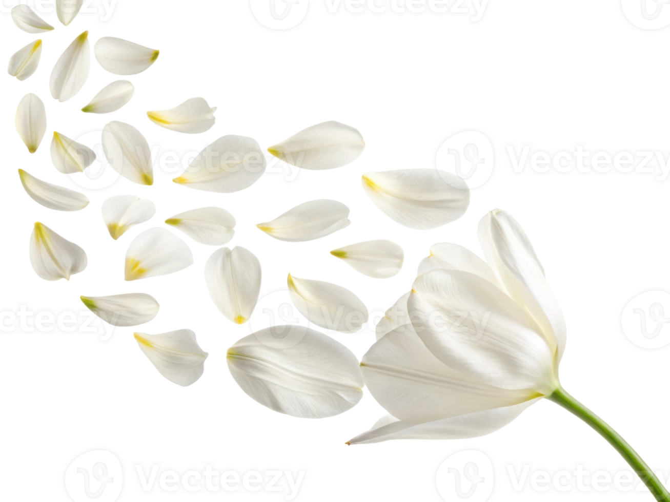 beautiful white tulip flower gracefully releases its delicate petals, creating serene and elegant display of nature artistry png