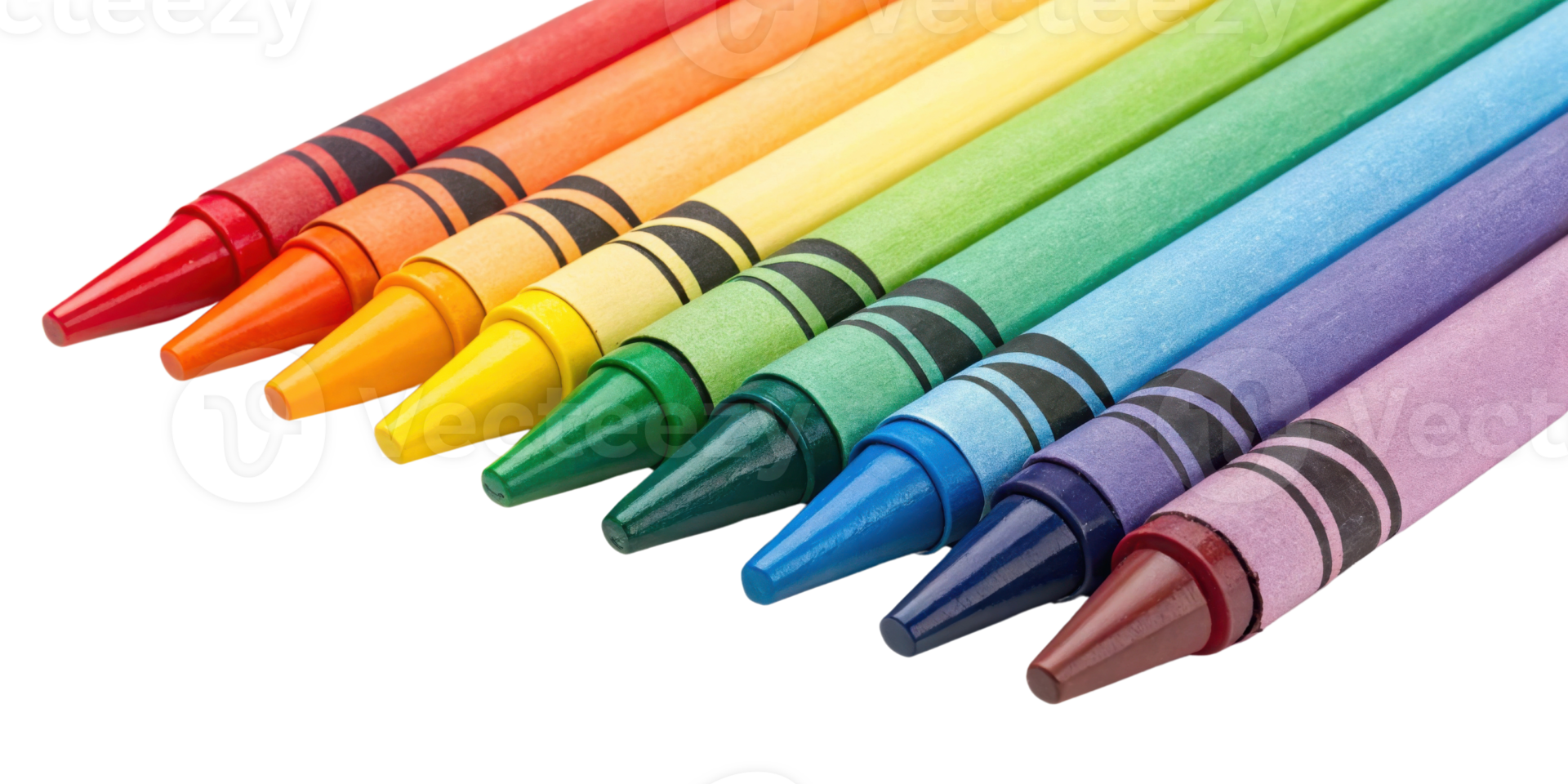 Colorful crayons arranged in vibrant spectrum showcasing red orange yellow green blue purple and brown hues perfect for creative projects png