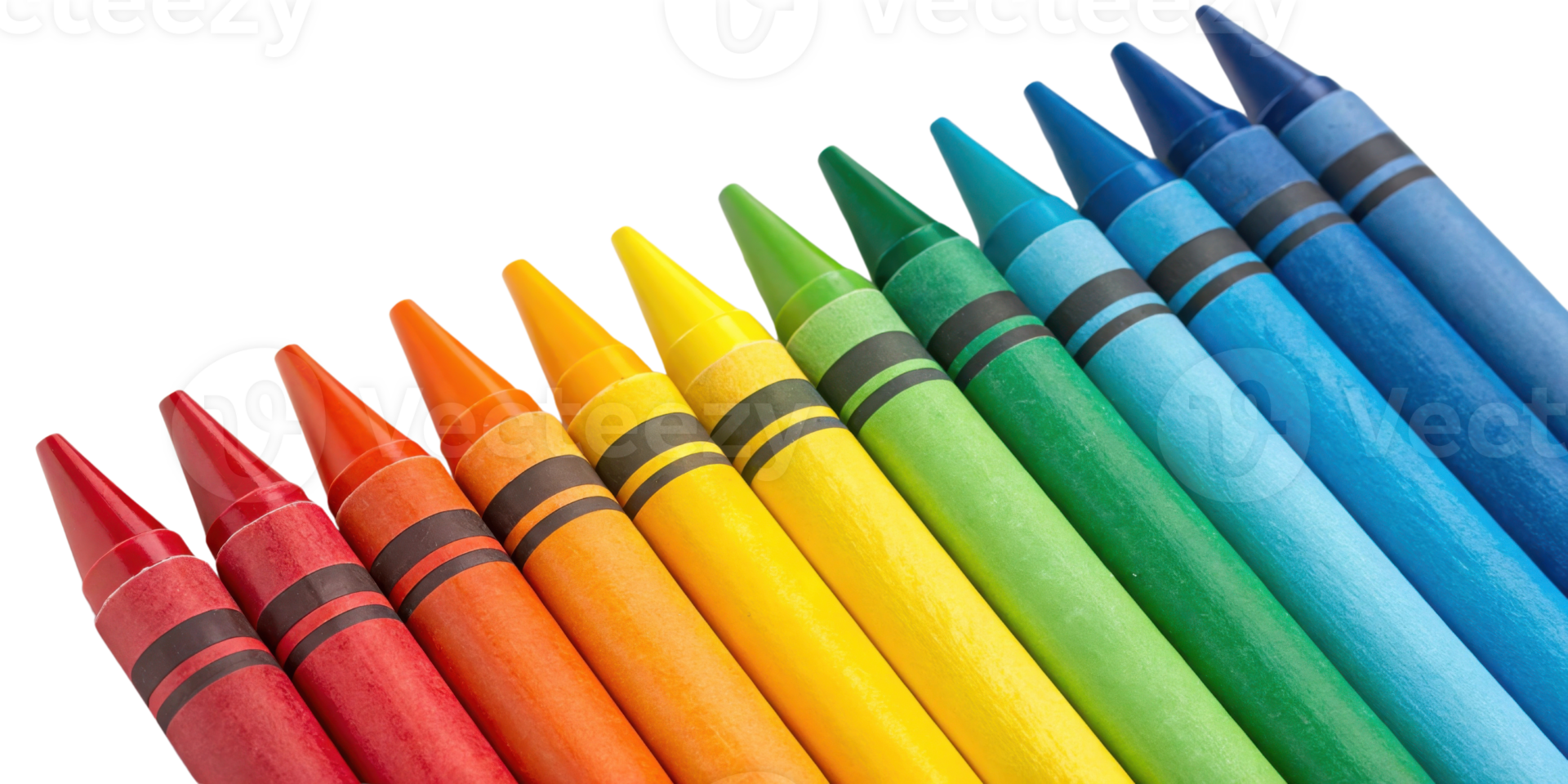 Colorful crayons arranged in vibrant spectrum showcasing red orange yellow green blue and purple hues perfect for creative expression png