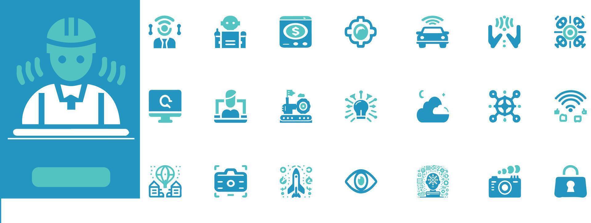 Editable factory automation set with robots, machinery and AI icons perfect for digital, print, tech, and industry use vector