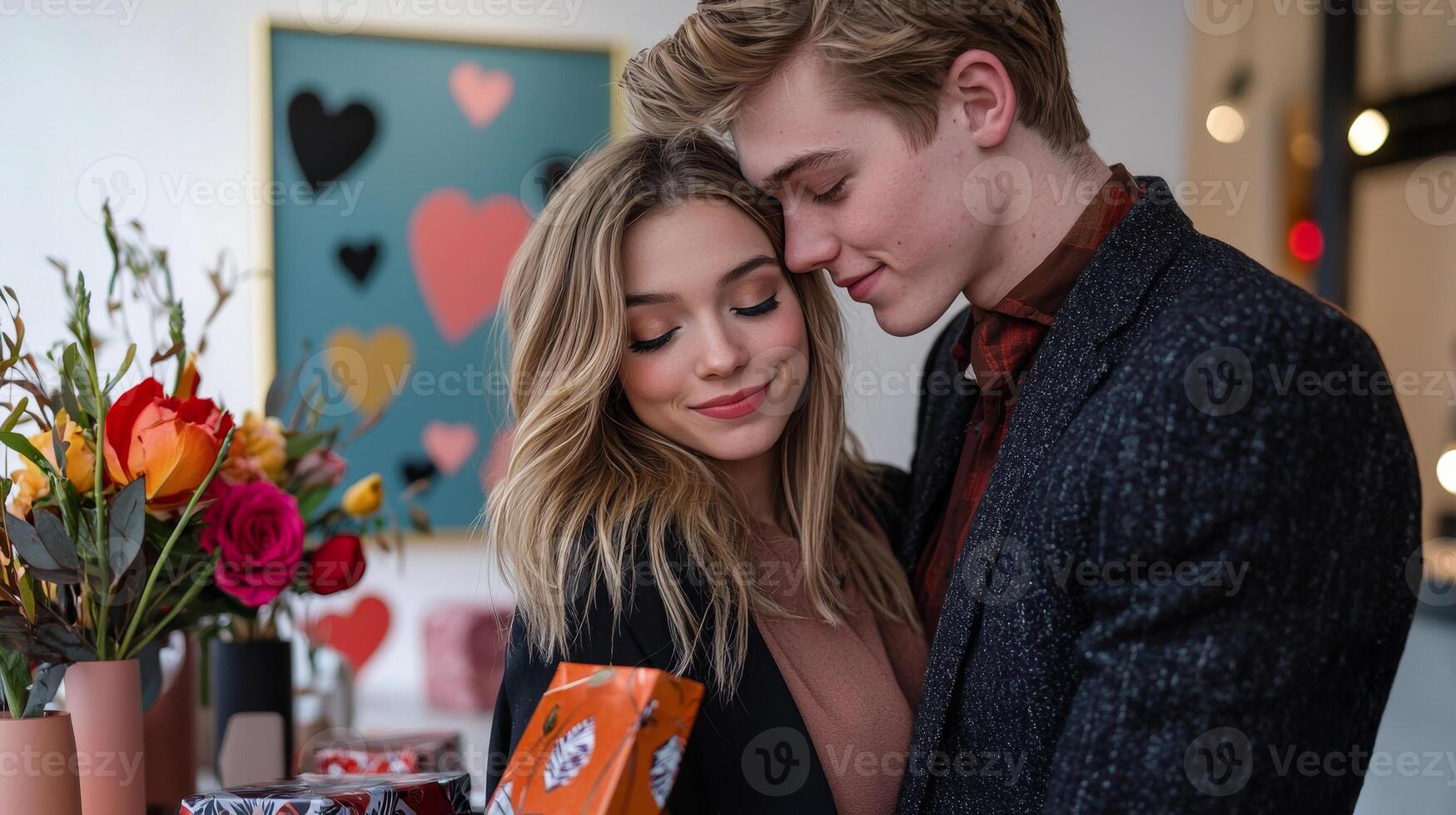 Young Caucasian Couple Embracing in a Romantic Setting with Colorful Flowers and Heart Decor Art Concept of Love, Romance, and Togetherness. Valentine's Day photo