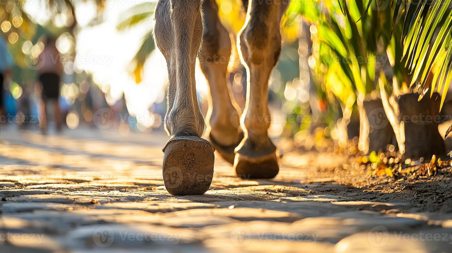 Close-Up of Donkey Hooves Walking on a Sunlit Path. Concept of Nature, Summer Stroll, Animal Movement photo