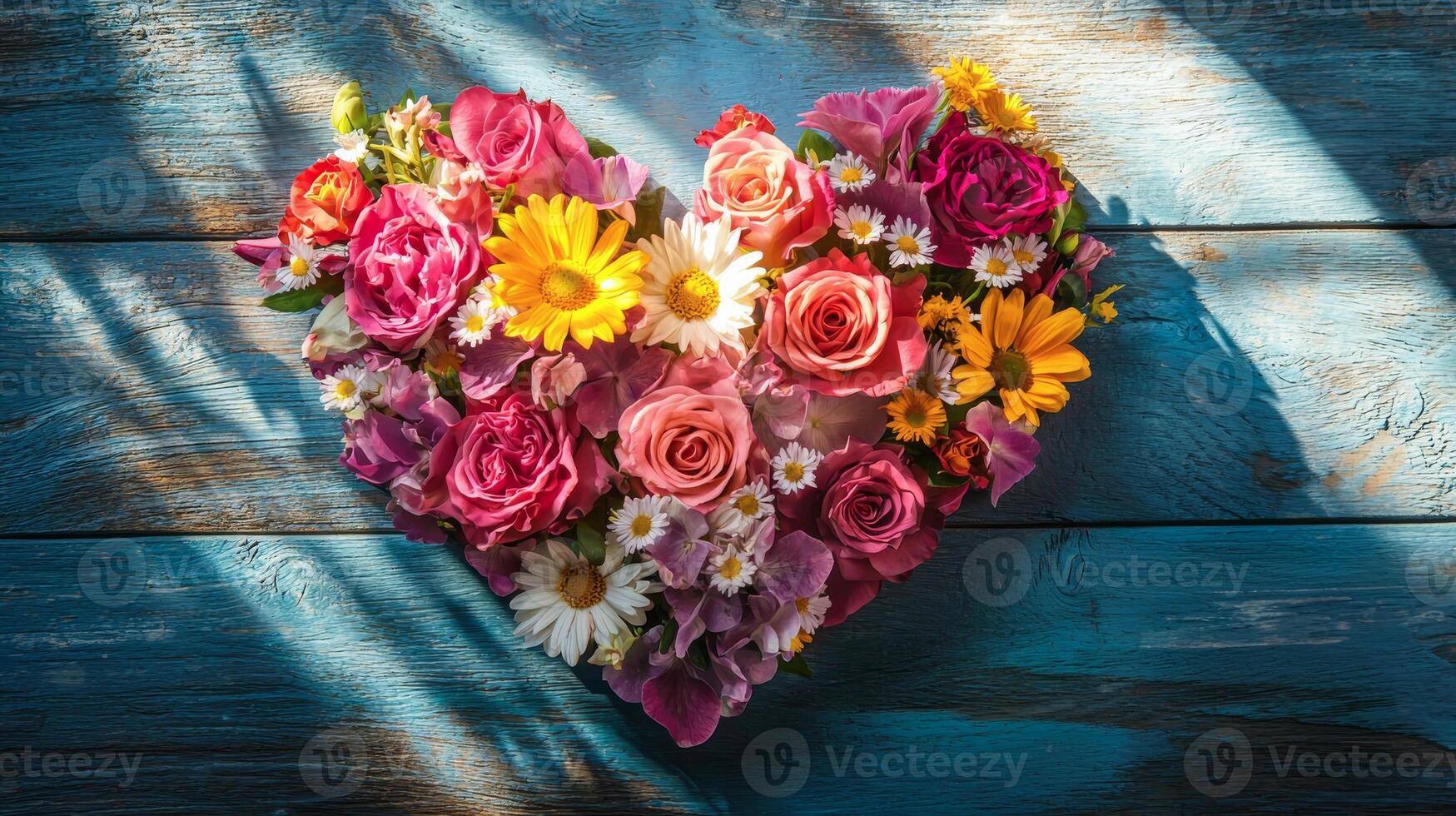 Vibrant Floral Heart with Mixed Colorful Blossoms on Rustic Blue Wooden Surface Concept of Love Romance Artistic Floral Design. Valentine's Day photo