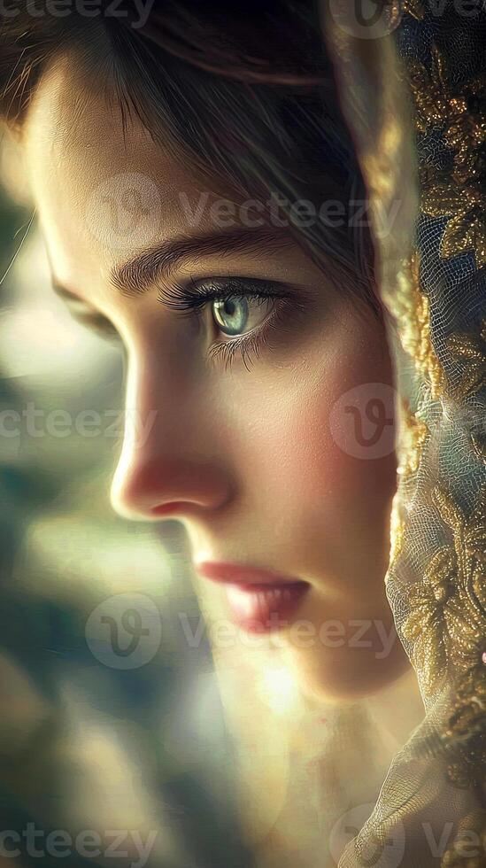 Close-Up Art of Young Caucasian Woman in Veil Capturing Serenity and Mystique Concept of Femininity Silence Contemplation. Vertical photo