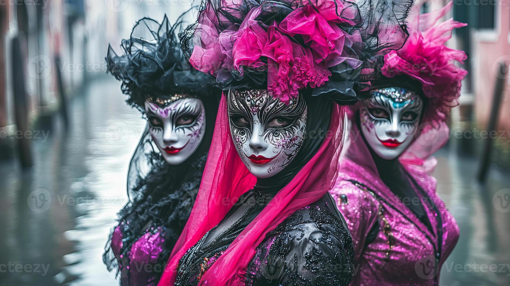 Venice Carnival Women in Vibrant Costumes with Intricate Masks on Canal. Concept of Cultural Celebration, Masked Ball, Festive Tradition, Italian Heritage, Colorful Festivity, Costume Art photo