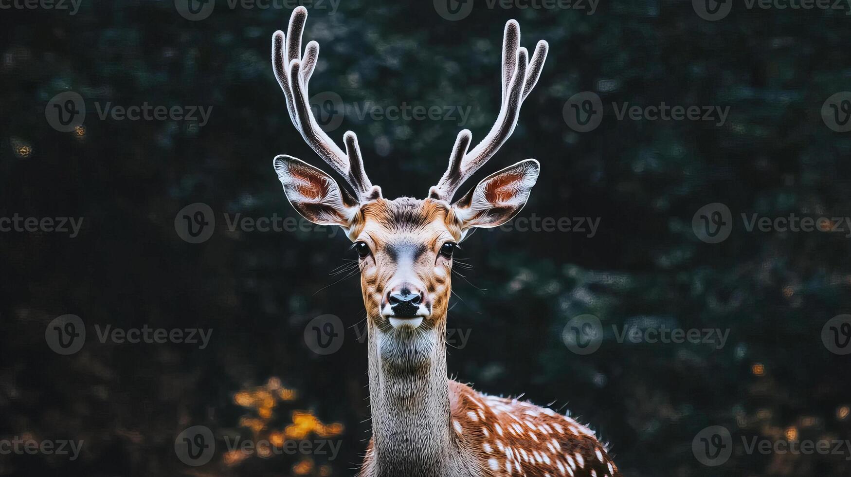 Majestic Deer with Antlers in a Vibrant Forest Background. Concept of Wildlife, Nature's Beauty, Serenity in the Wild photo