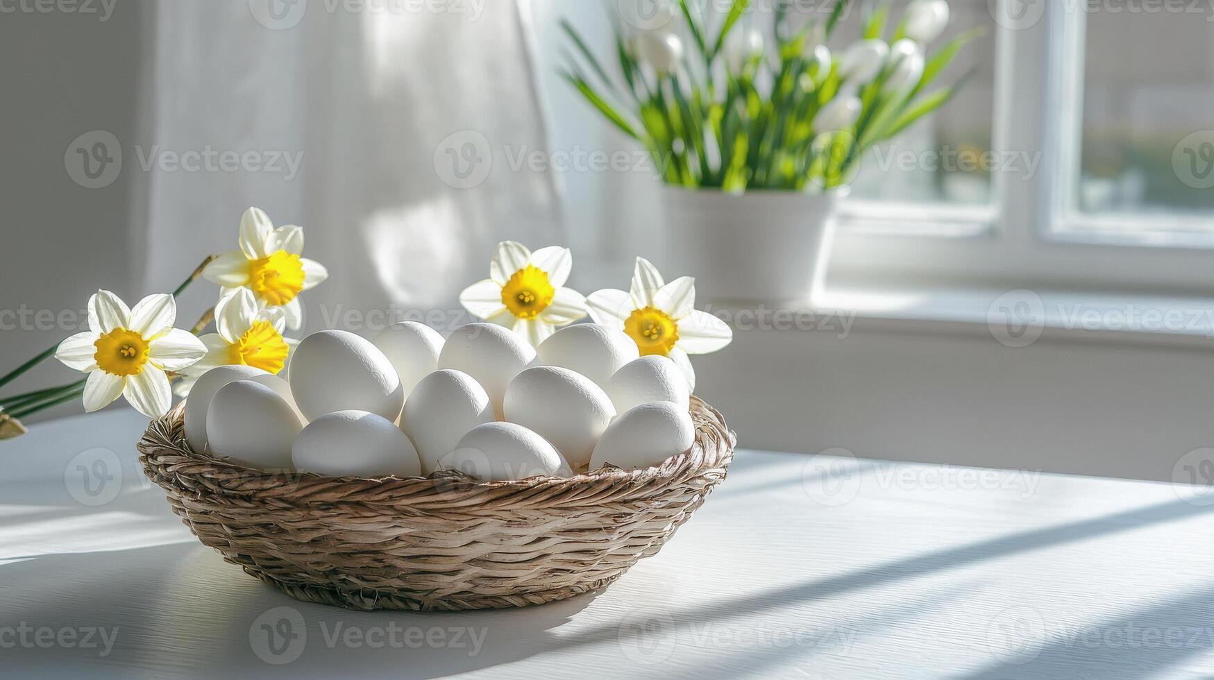 Bright and airy table with a basket of white eggs and scattered daffodils in sunlight. Copy space photo
