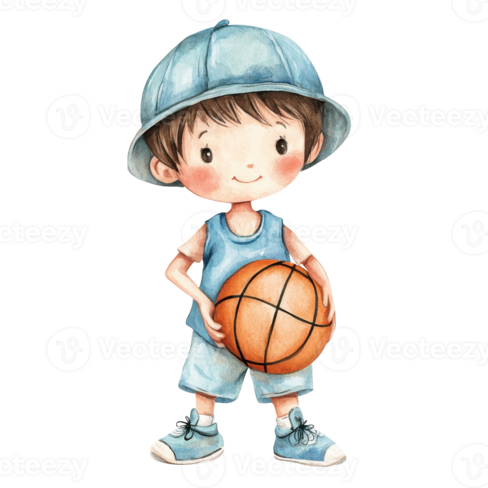 Boy with basketball cartoon on transparent background. png