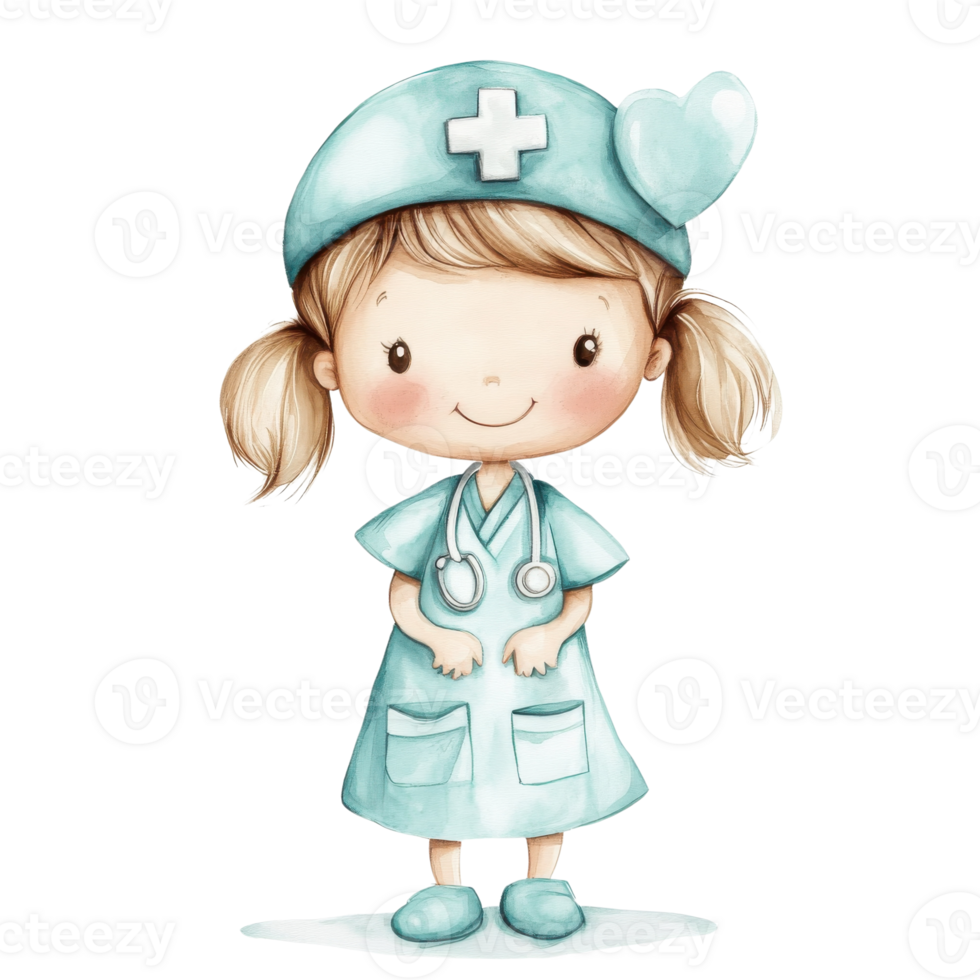 Cartoon nurse with stethoscope on transparent background. png
