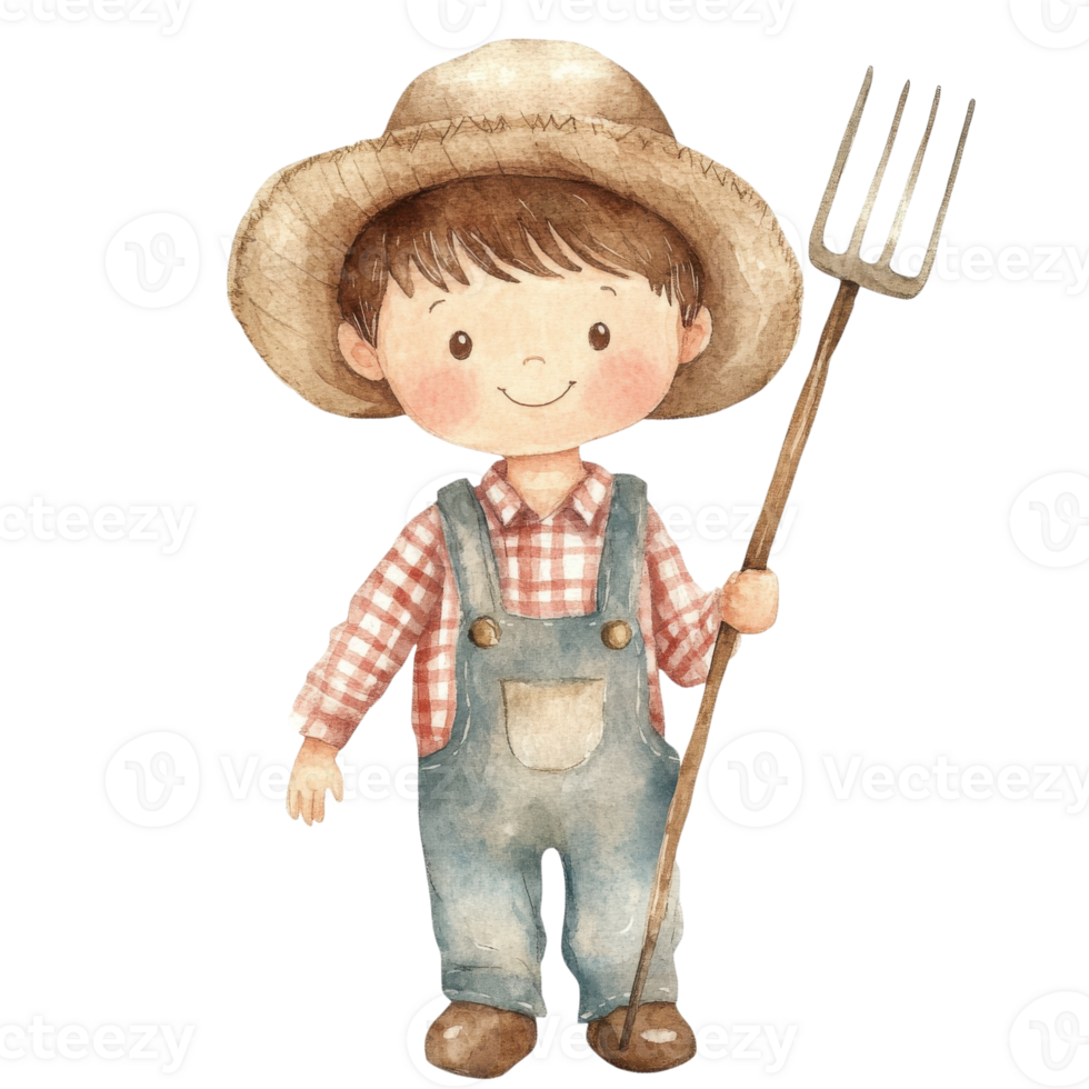 Cartoon boy farmer holding fork on transparent background. png