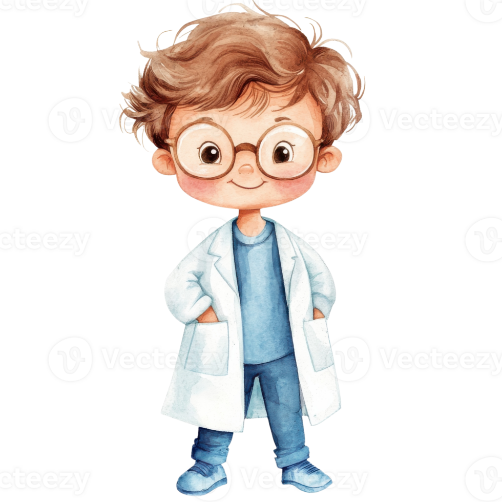 Boy wearing a lab coat on transparent background. png