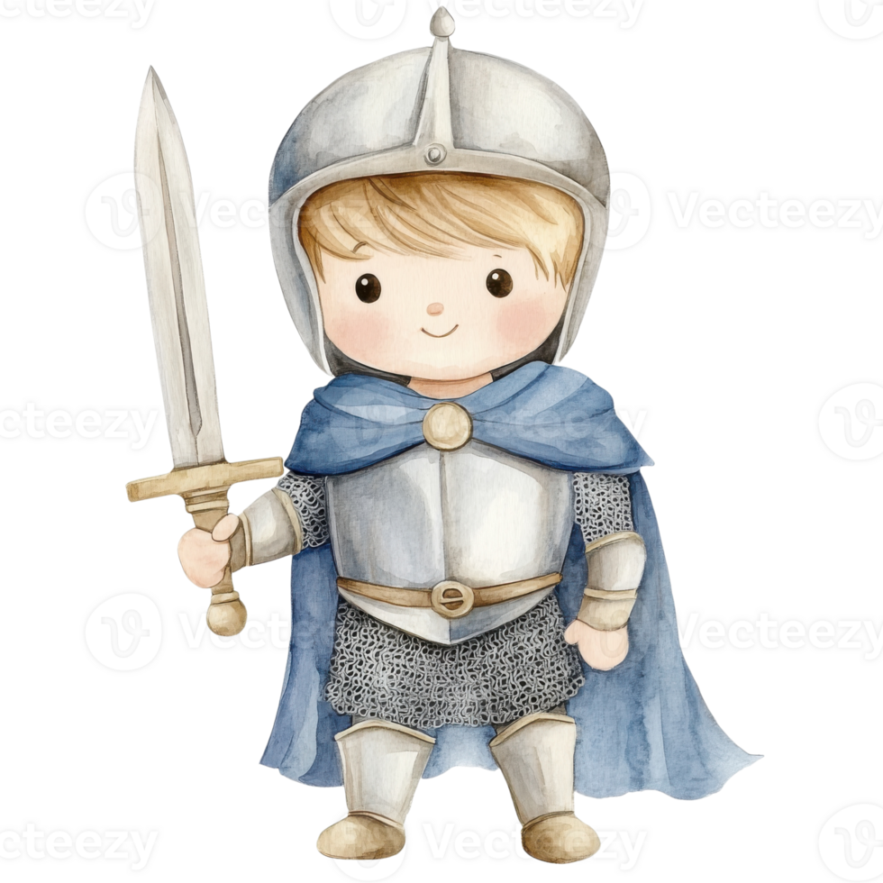 Boy knight holding a sword on transparent background. png