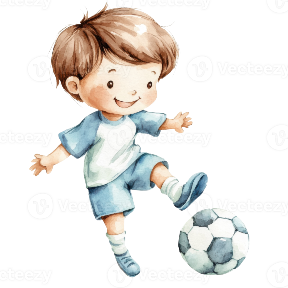 Boy kicking a soccer ball on transparent background. png