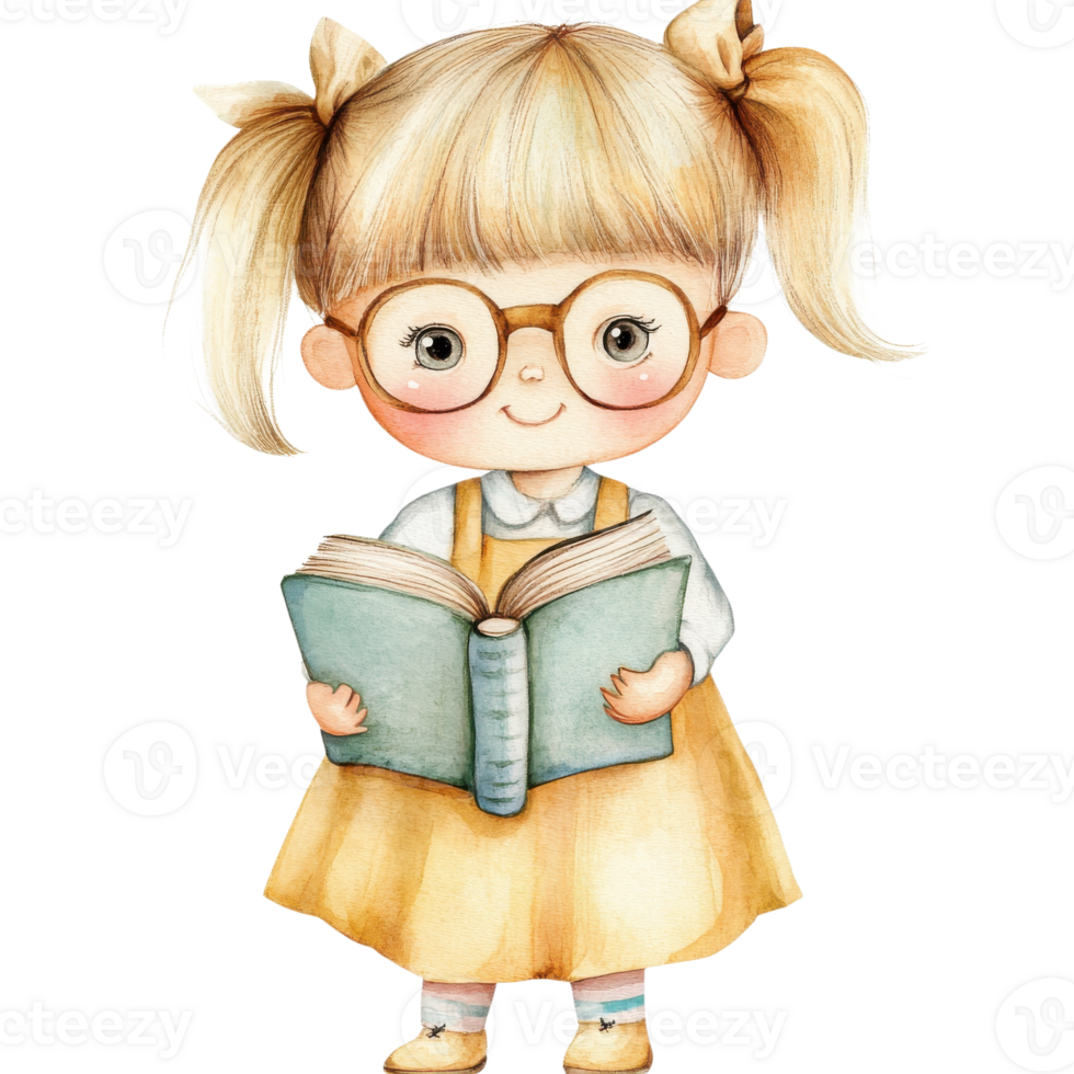 Girl reading an open book on transparent background. png