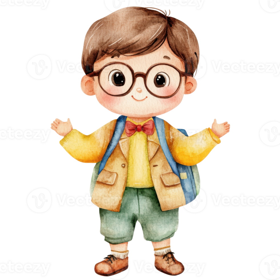 Boy with glasses and bag on transparent background. png