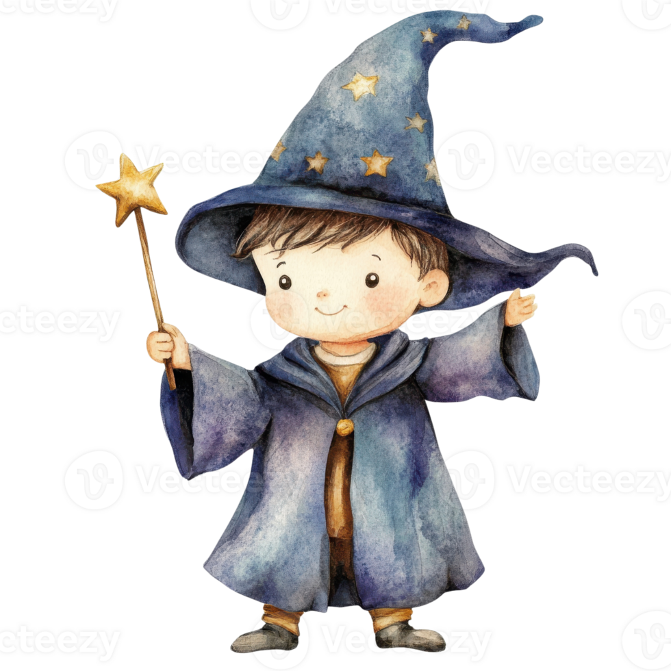Wizard boy with star wand on transparent background. png