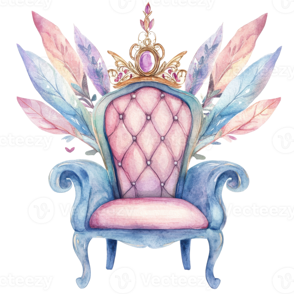 Ornate chair with crown art on transparent background. png