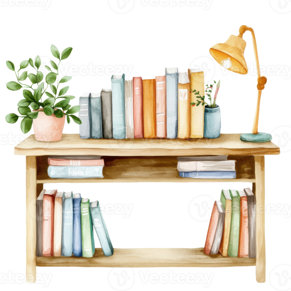 Bookshelf with books plant on transparent background. png