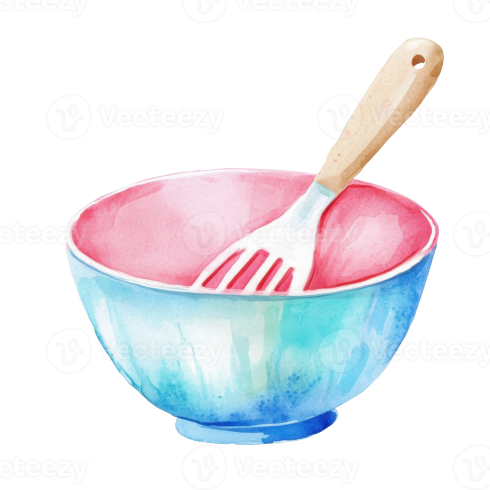 Bowl with a mixing utensil on transparent background. png