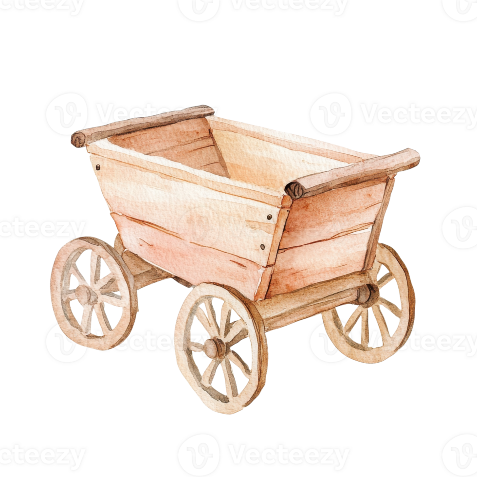 A wooden wagon with wheels on transparent background. png