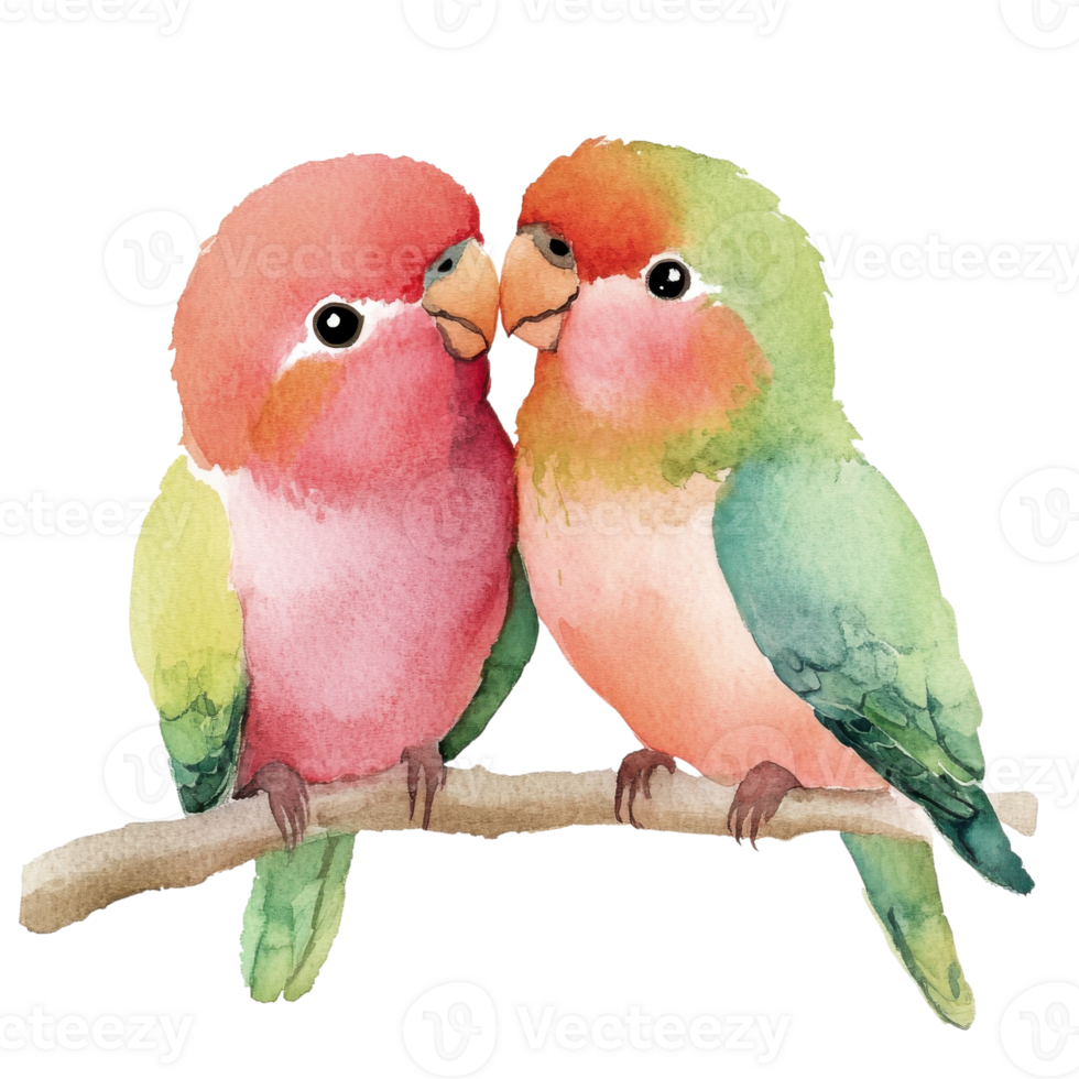Two lovebirds on a branch on transparent background. png