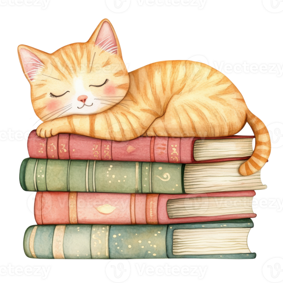 Cat sleeping on books stack on transparent background. png